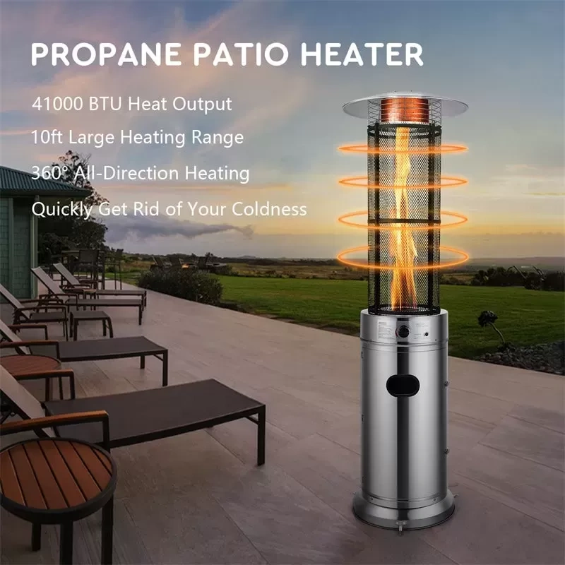 41000 BTU Stainless Steel Standing Round Glass Tube Propane Patio Heat