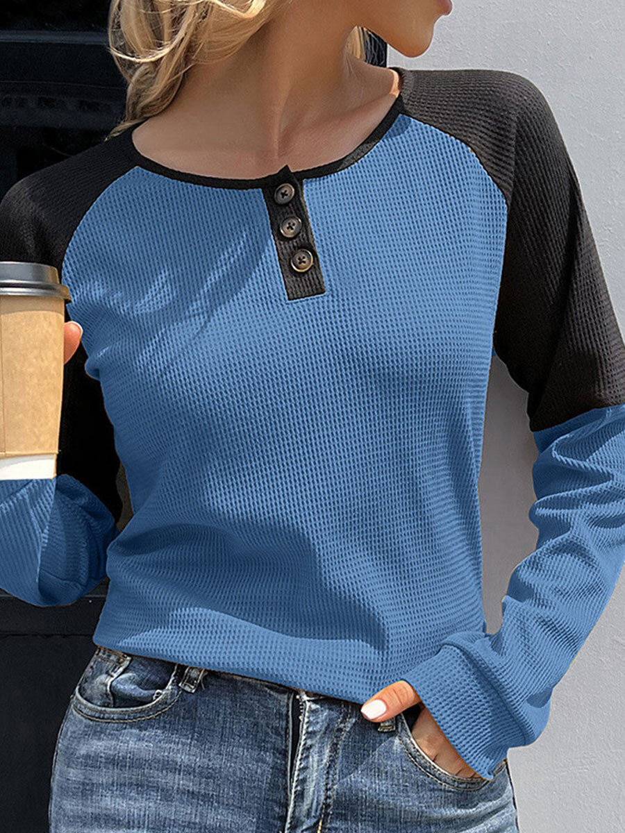 Round Neck Casual Loose Contrast Paneled Long Sleeve T-shirt