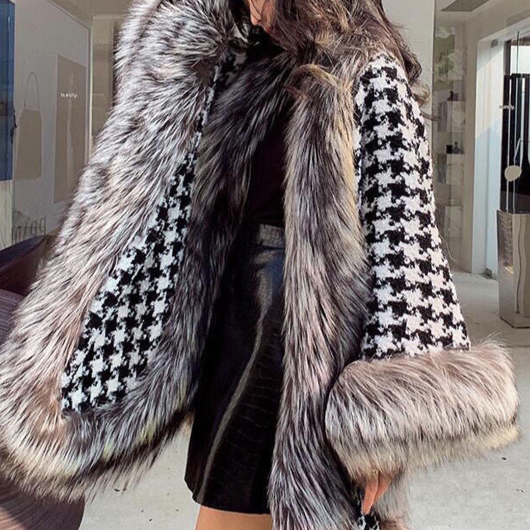 New Women Chic Vintage Houndstooth Fur Leather Casual Jacket Coat