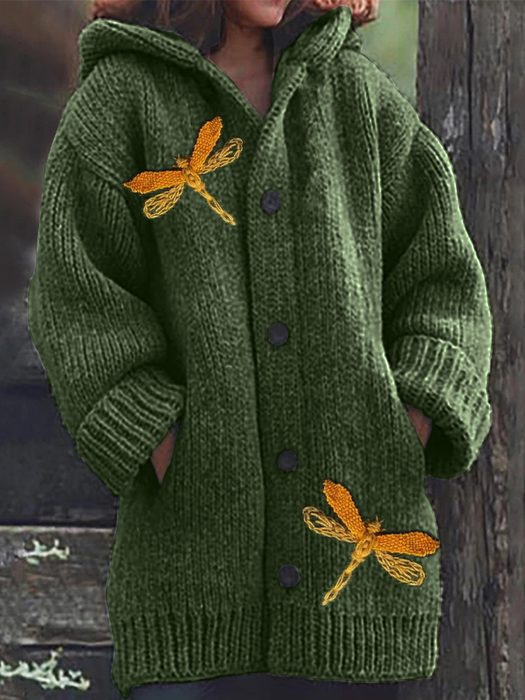 Dragonflies Crochet Cozy Knit Hooded Cardigan - ChicVogue