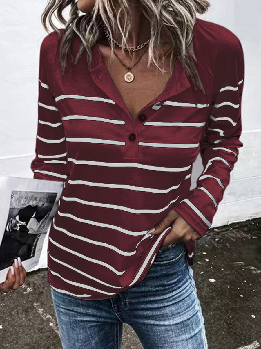 Casual Striped Crew Neck Button Long Sleeve T-Shirt