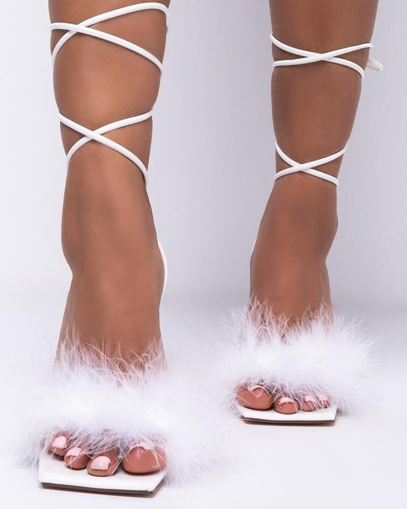 Fur fur toe ring strap square toe stiletto sandals