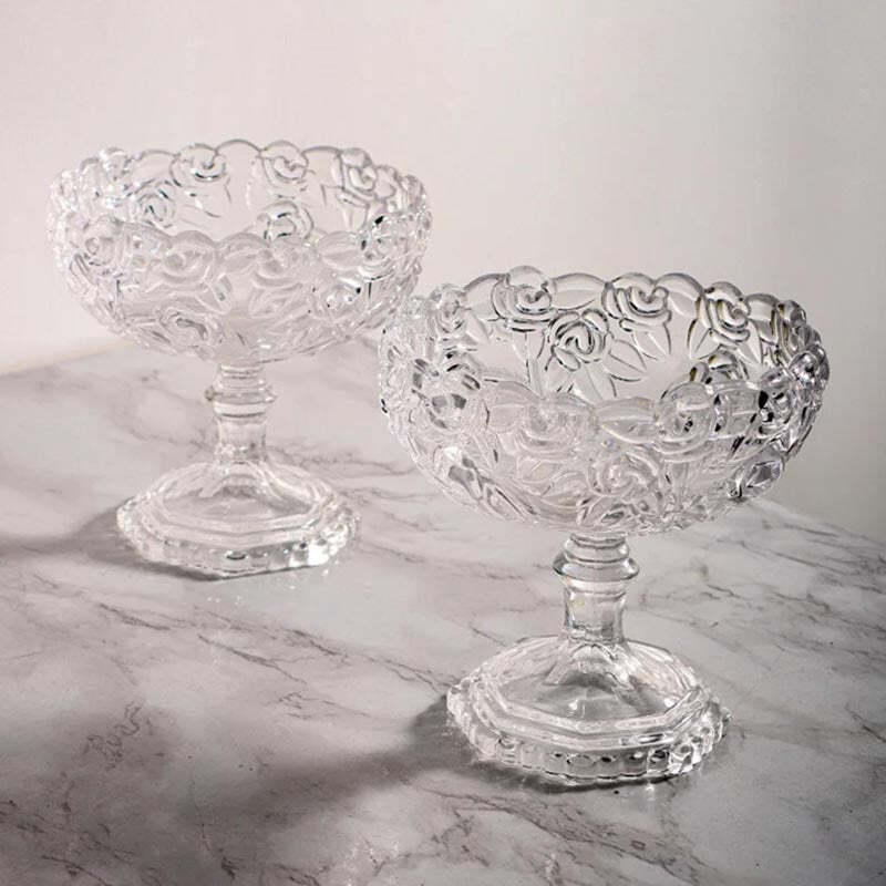 Embossed Rose Glass Stemmed Dessert Cup Bowl Rawnabe