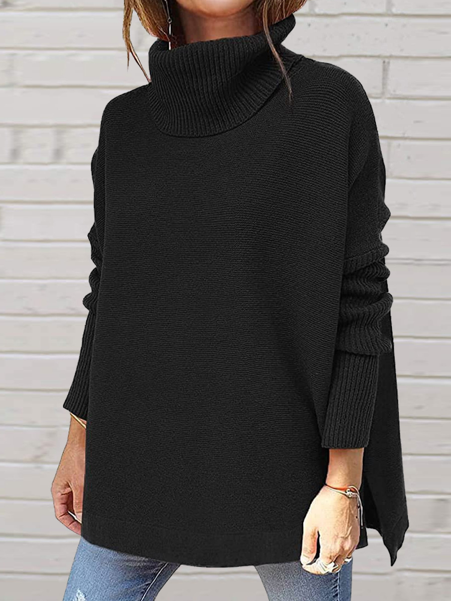 Casual High Collar Solid Color Long Sleeves Hem Slit Sweater