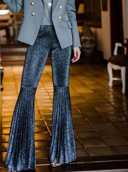Women's Elegant Shiny Silver Pleated Flared Trousers