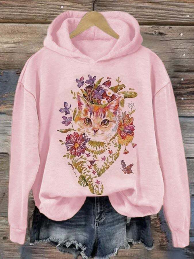 Women's Watercolor Floral Cat Art Print Hoodie