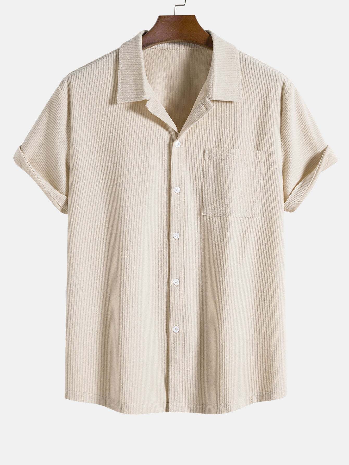 Short Sleeved Convertible Collar Corduroy Shirt - Abneri