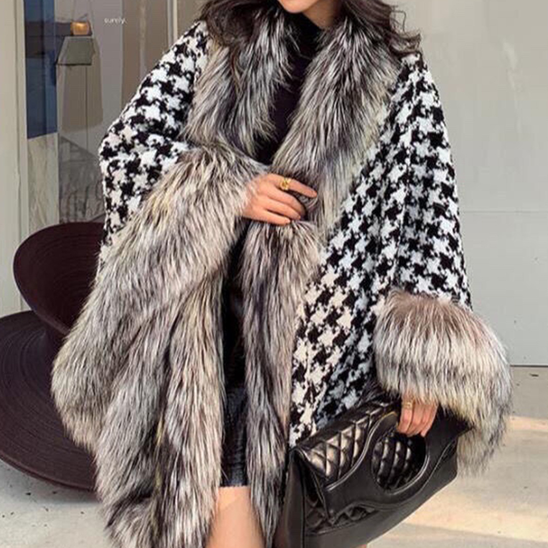New Women Chic Vintage Houndstooth Fur Leather Casual Jacket Coat