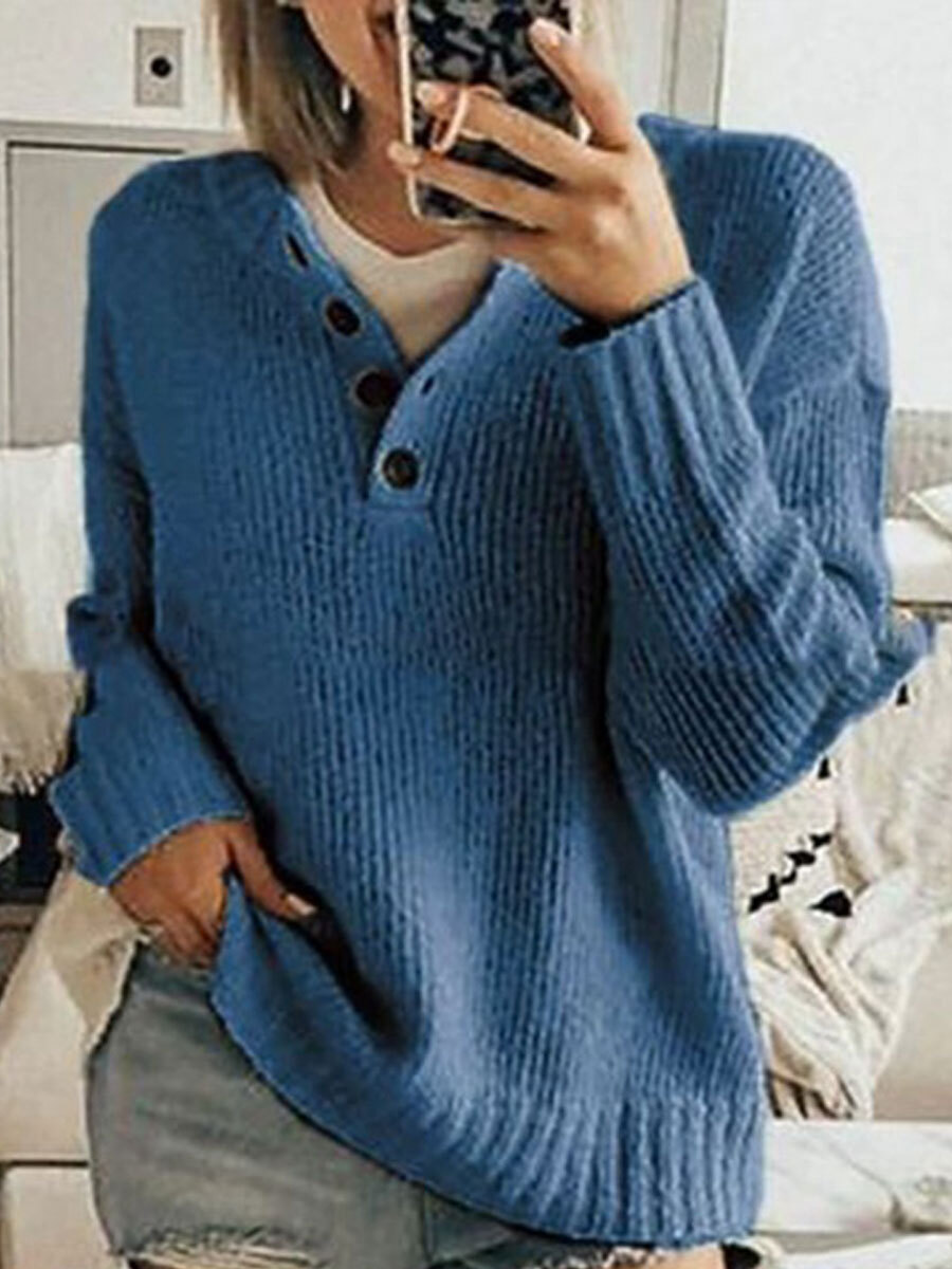 V-neck Loose Casual Solid Color Sweater Pullover
