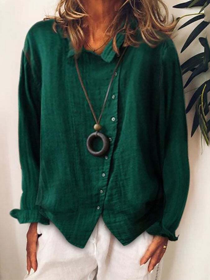 Ladies cotton and linen loose solid color temperament shirt