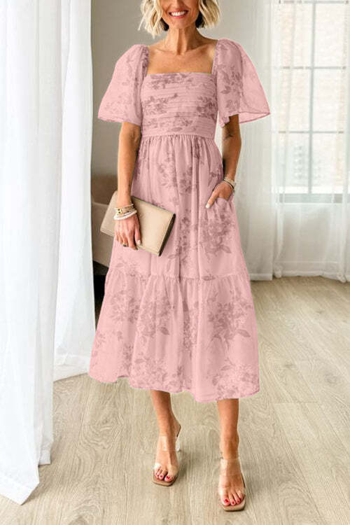 Square Neck Short Sleeve Ruched Floral Midi Dress