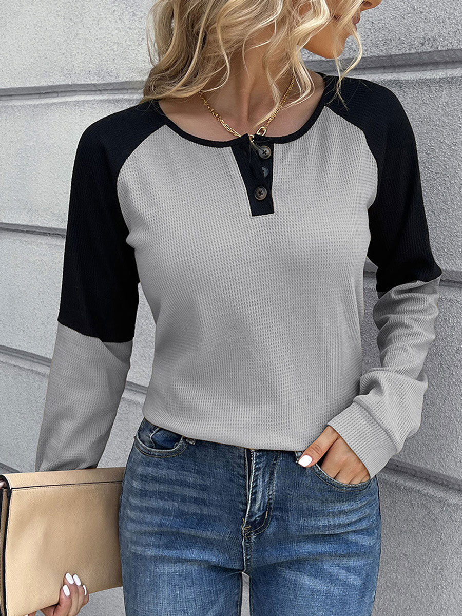 Round Neck Casual Loose Contrast Paneled Long Sleeve T-shirt