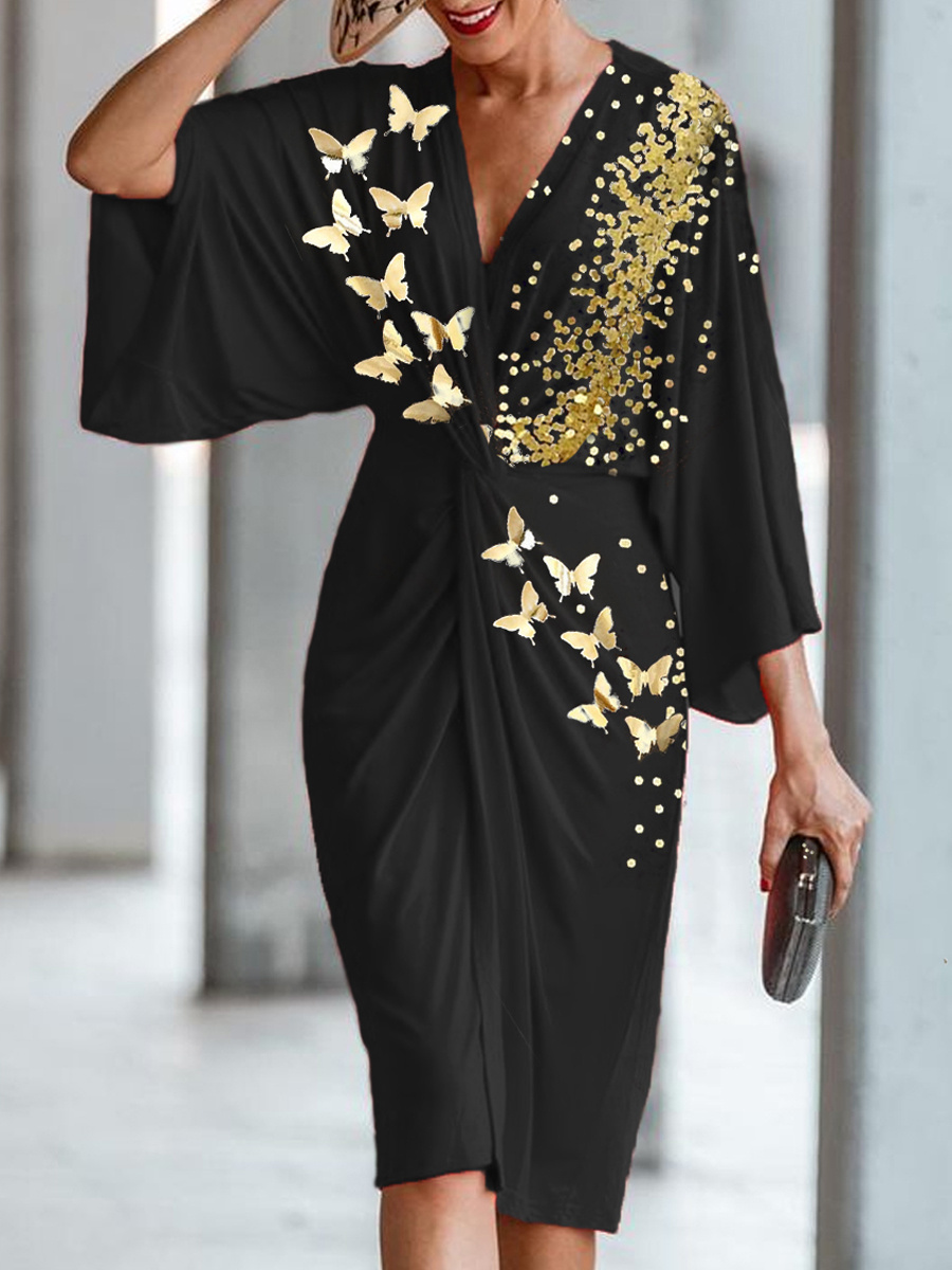 Fashion Butterfly Print Twisted V-neck Midi Dress Women