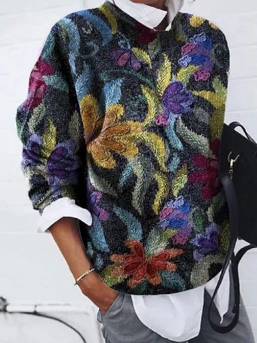 Casual Crew Neck Long Sleeve Loose Leaf Print Sweater Leisure Pullovers