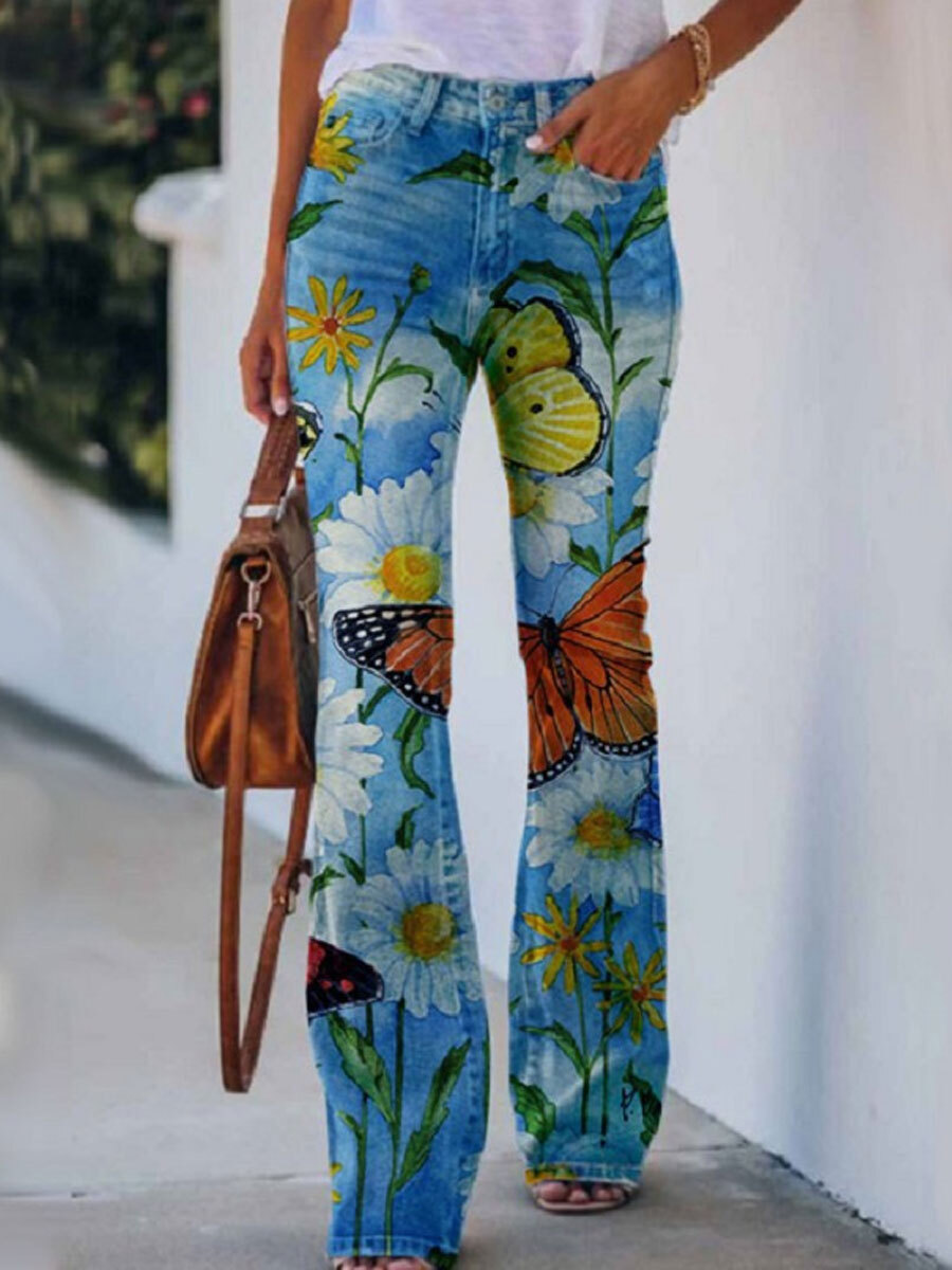 Slouchy Floral Print Flare Jeans