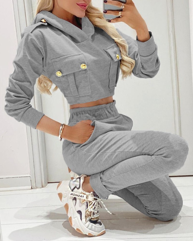 Fashionable Golden Button Decorative Sweater Hooded Suit