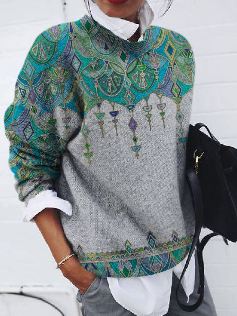 Round Neck Casual Loose Sweater Geometric Print Pullover
