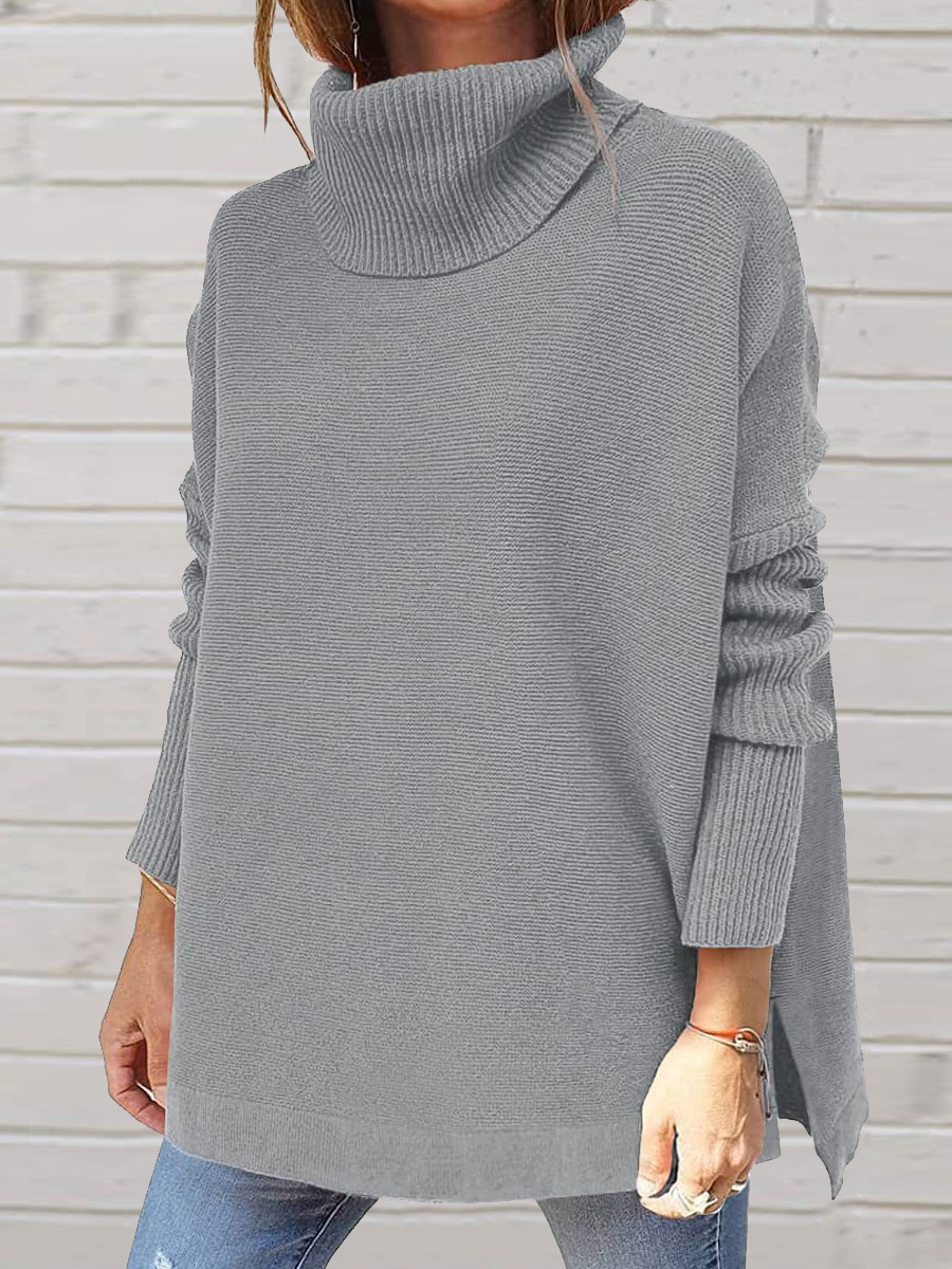Casual High Collar Solid Color Long Sleeves Hem Slit Sweater