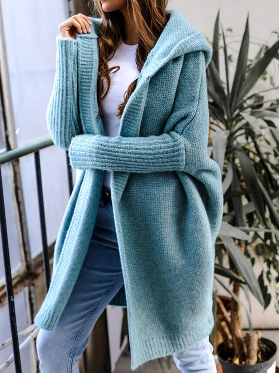 Hooded Long-sleeved Solid Color Woolen Coat