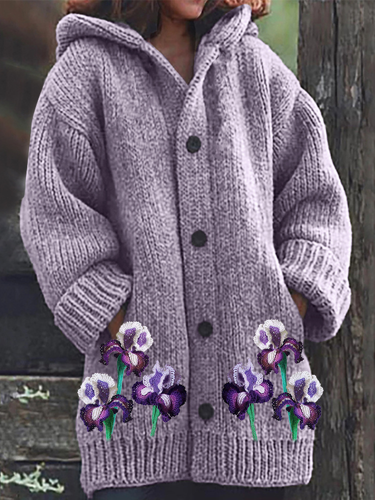 Classy Irises Crochet Art Cozy Knit Hooded Cardigan - ChicVogue