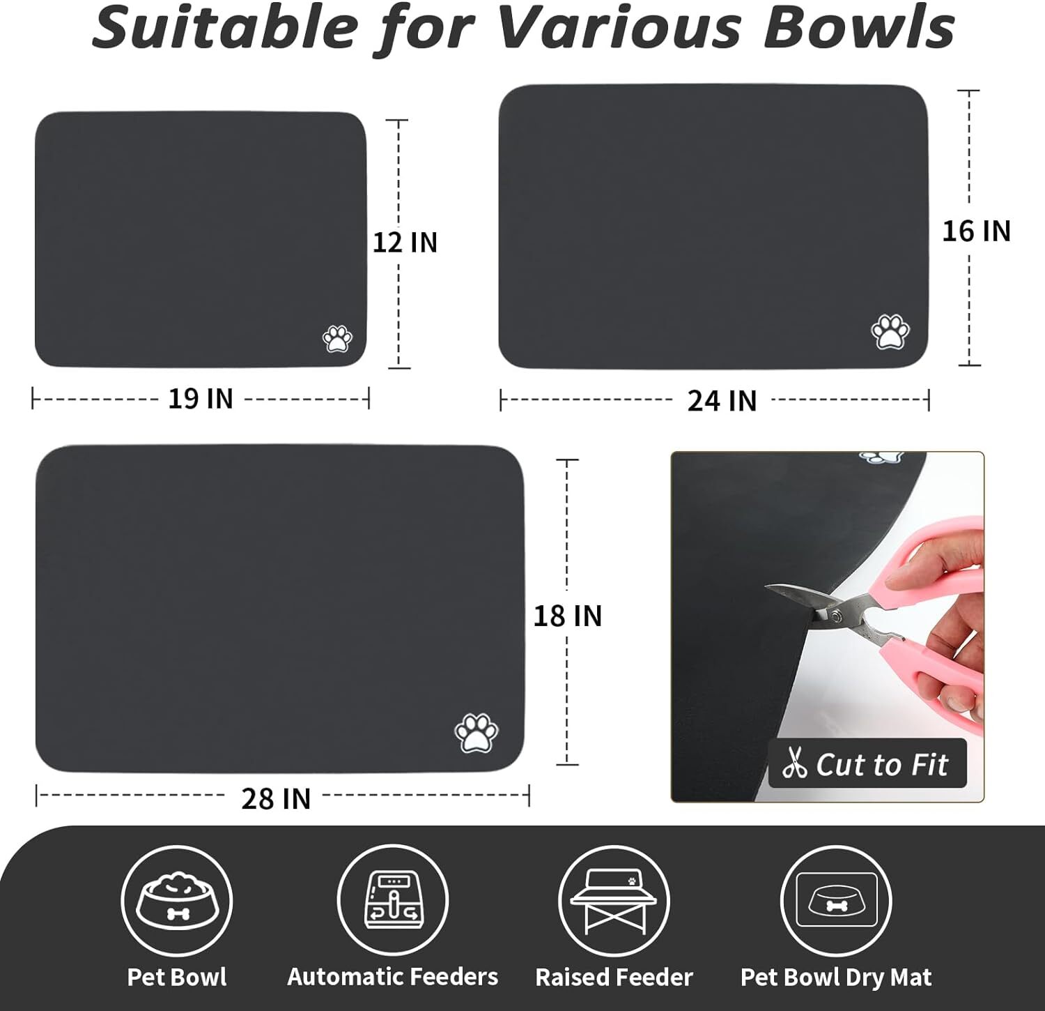Pet Feeding Mat-Absorbent Cat & Dog Food Mat-No Stains Easy Clean Dog Mat  for Food and Water-Quick Dry Dog Bowl Mat Dog Accessories-Dog Water Matt  for Sloppy Drinkers,Black