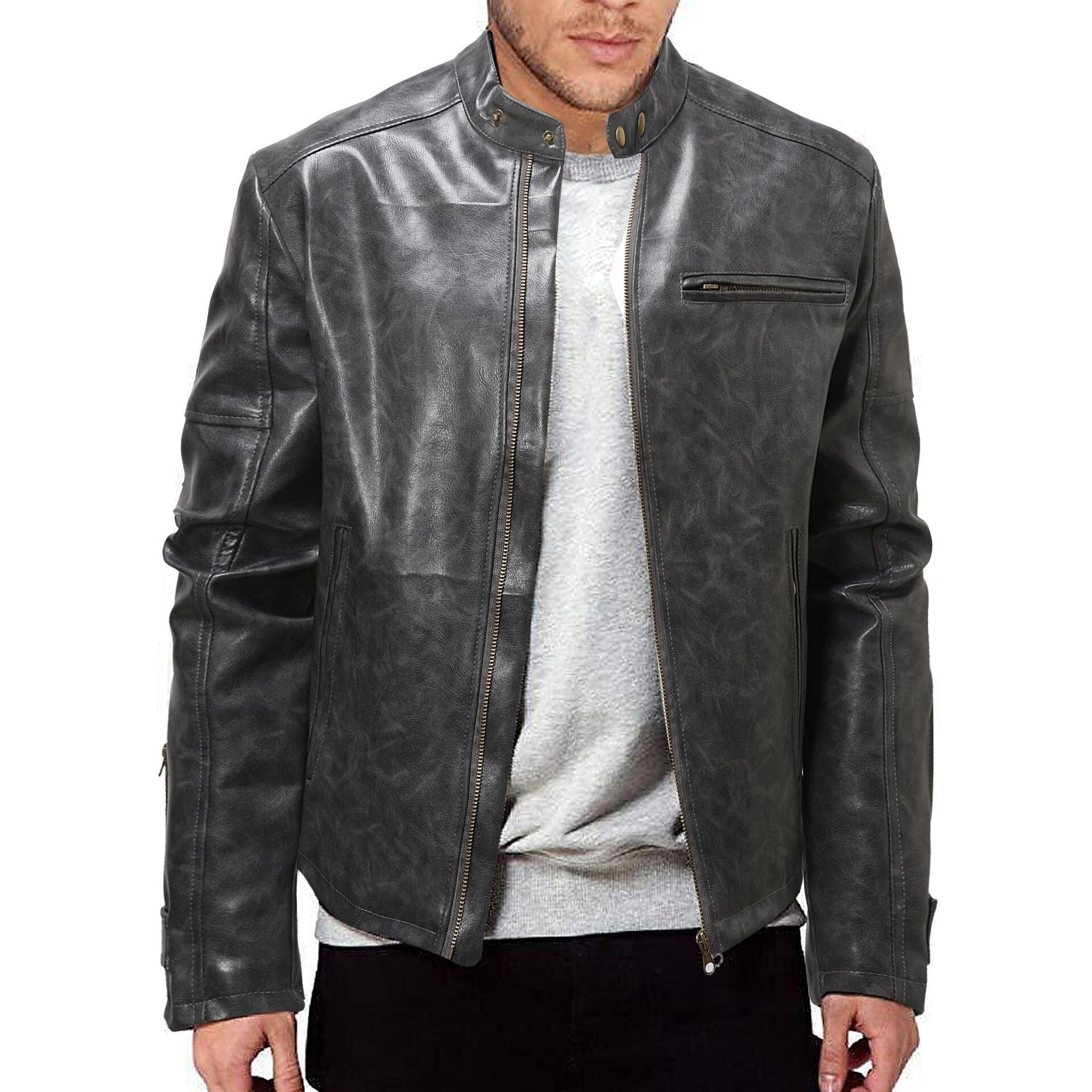 Men's Stand Collar Vintage Leather Biker Jacket sattedyhod