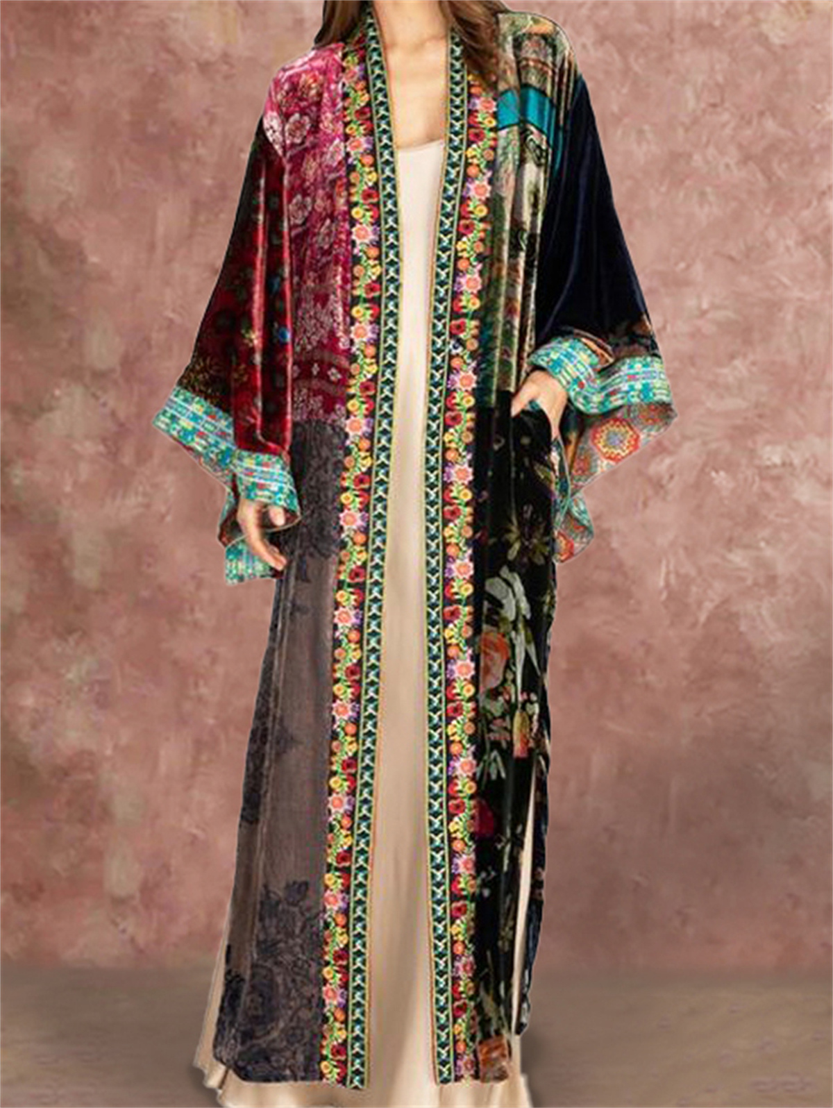 Vintage Boho Pattern Wide Long Sleeve Kimono Velvet Long Cardigan
