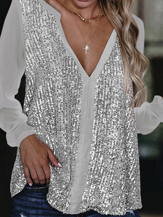 V-neck Sequin Stitching Loose Casual Long-sleeved Blouse