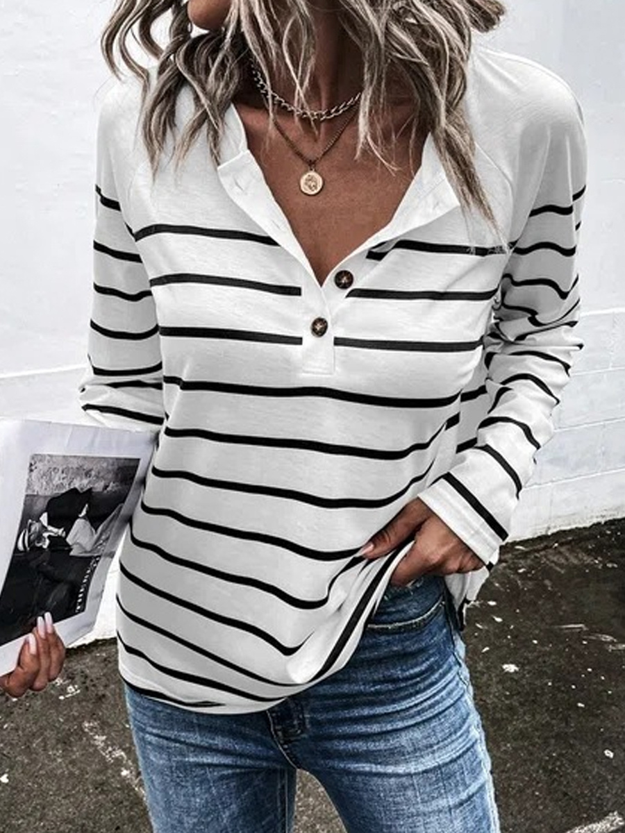 Casual Striped Crew Neck Button Long Sleeve T-Shirt