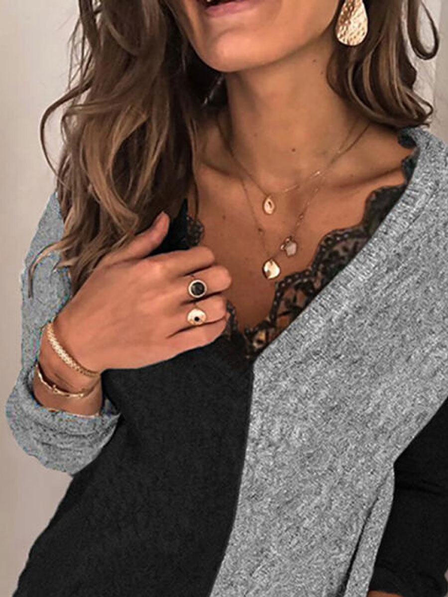 V-neck Lace Stitching Casual Sweater Pullover
