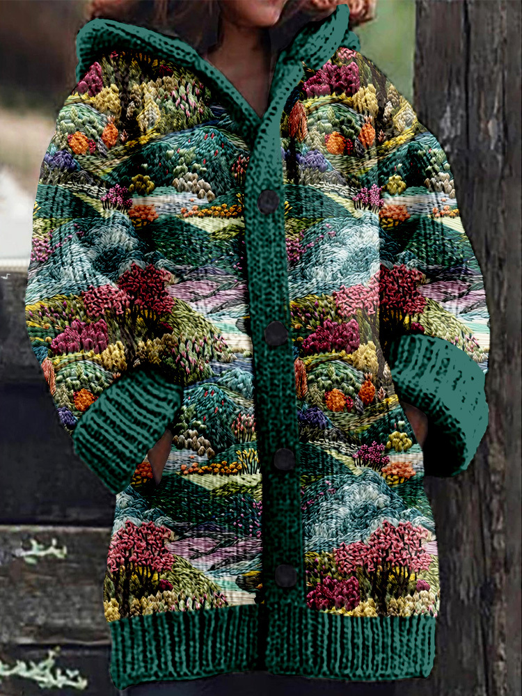 Embroidered Mountain Landscape Cozy Hooded Cardigan - ChicVogue