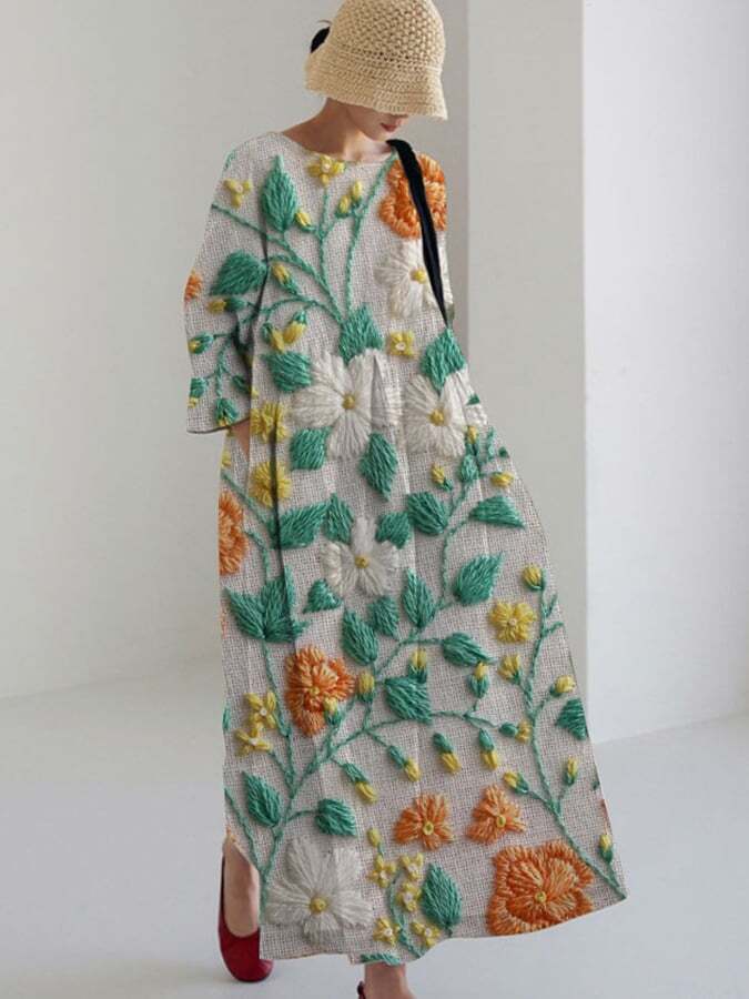 Women's Vintage Embroidered Floral Print Casual Loose Dress