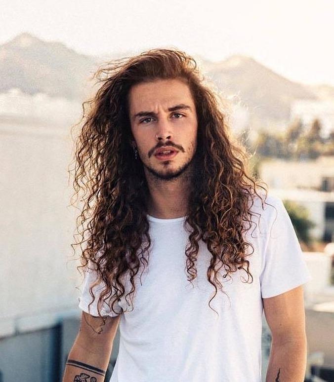 Brown long curly hair Men's Wig