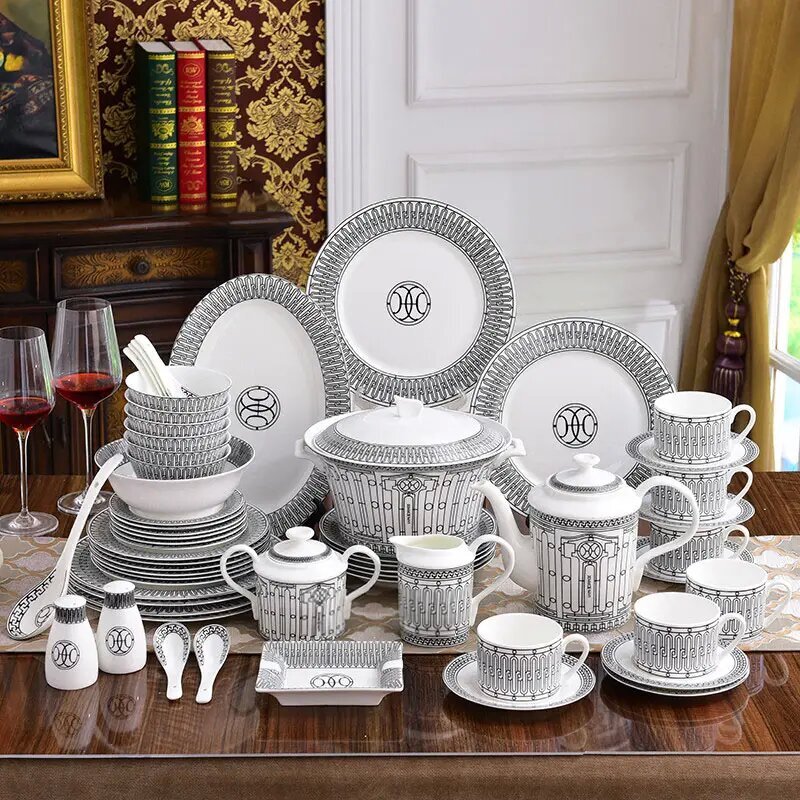 58piece black striped porcelain dinnerware set hsf560345