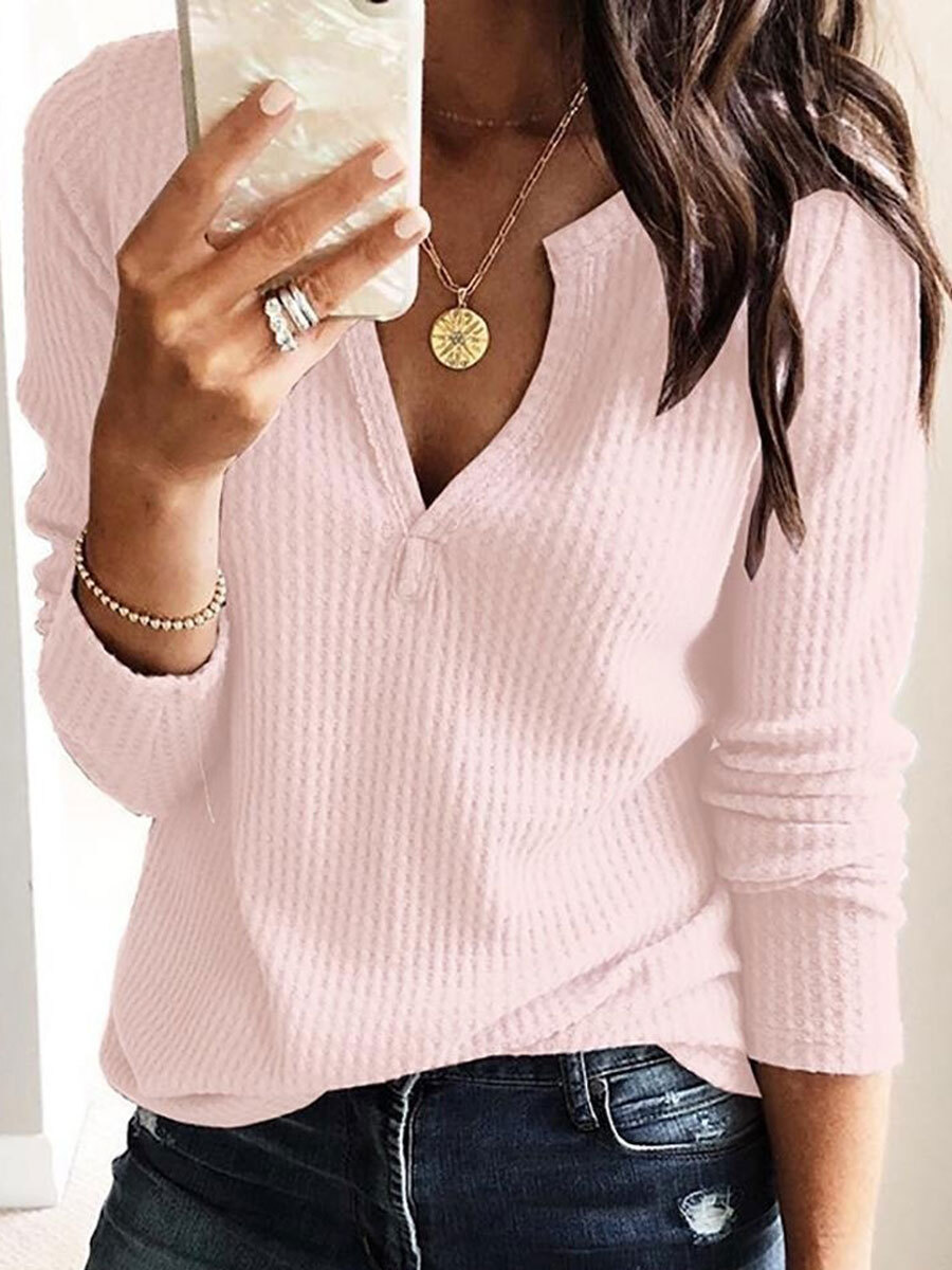 V-neck Casual Loose Solid Color Knit Long Sleeve T-shirt