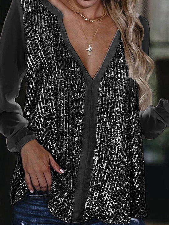 V-neck Sequin Stitching Loose Casual Long-sleeved Blouse