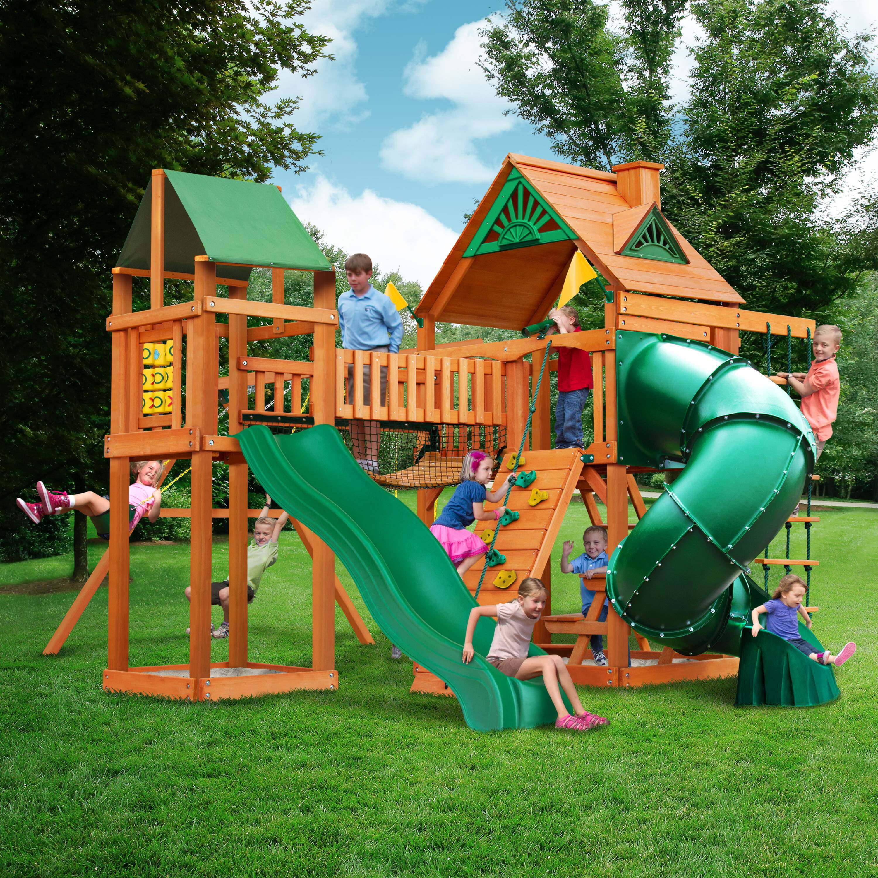 Wooden Swing Set with Clatter Bridge and Tower, 3 Swings, and Tube Sli
