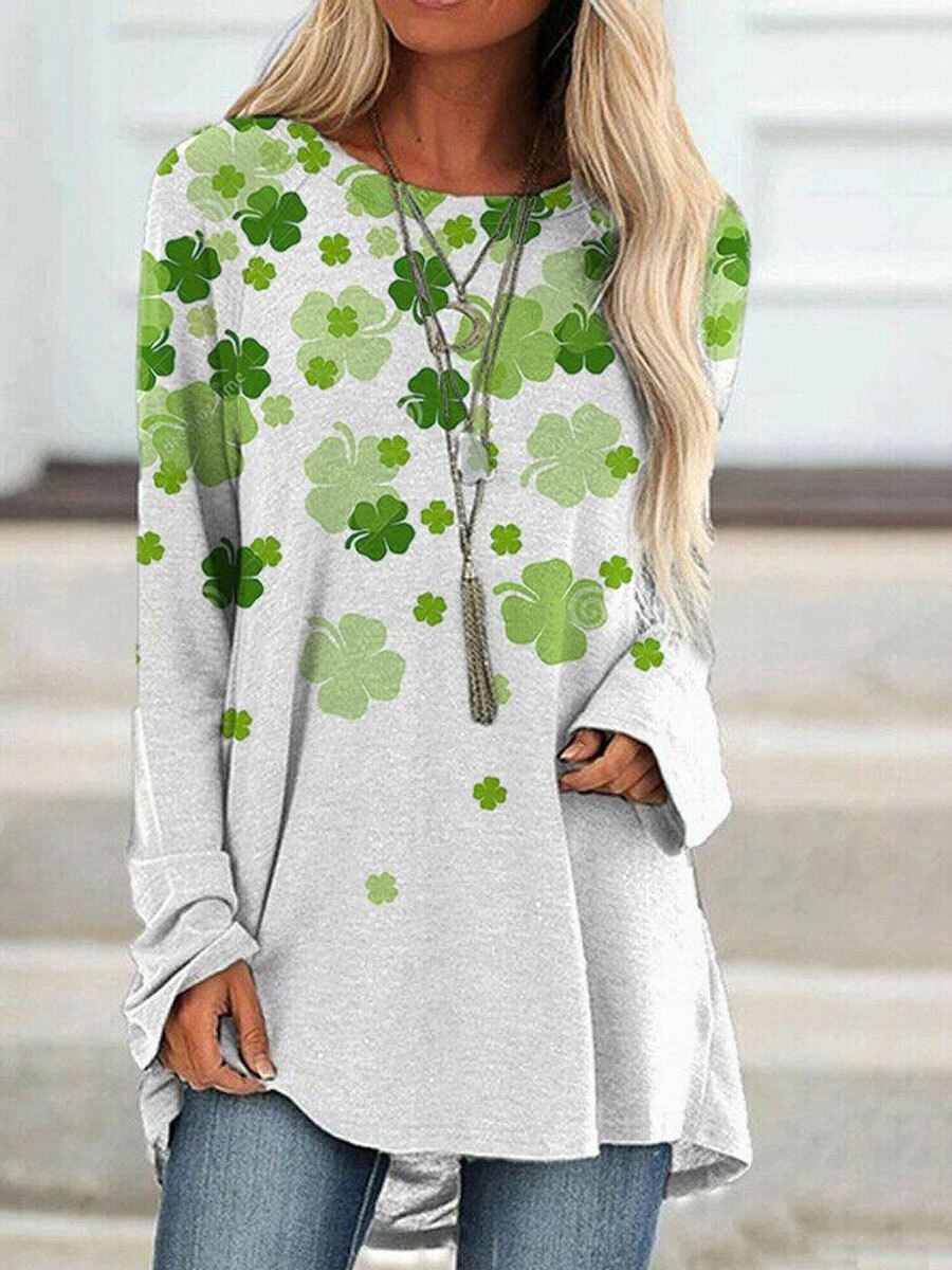Round Neck Casual Loose Vintage Print Long Sleeve T-shirt