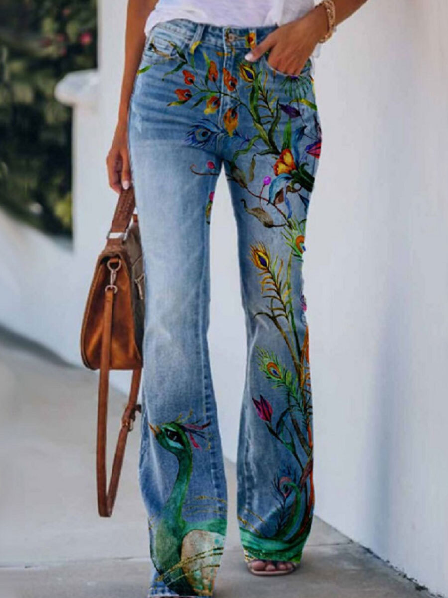Slouchy Floral Print Flare Jeans