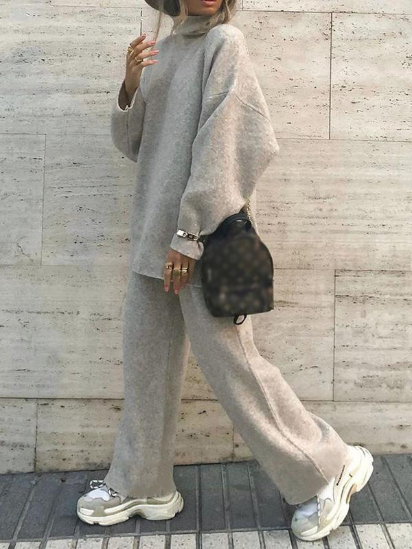 Fashion Casual Floral Gray High Neck Wool Knit Suit