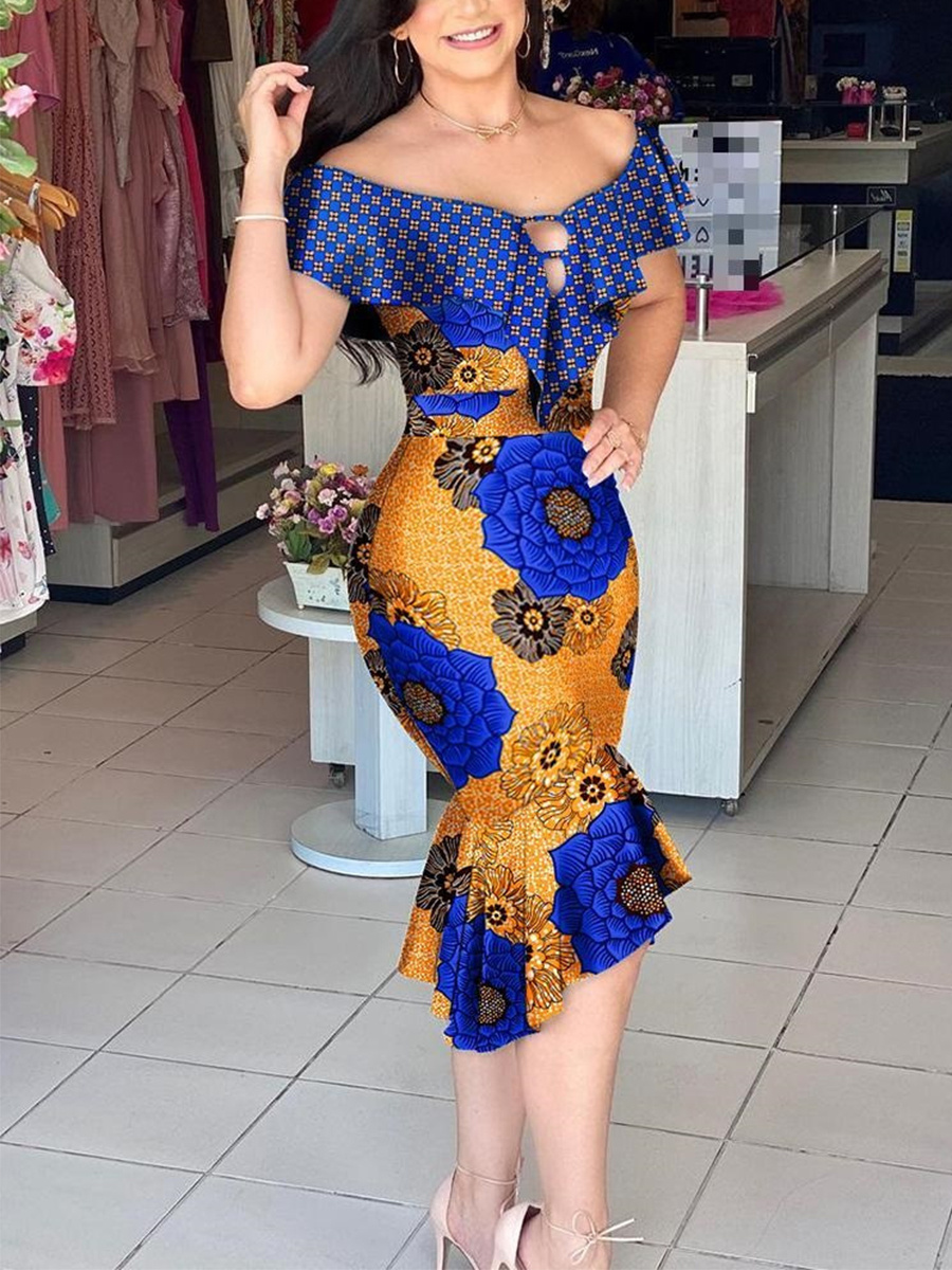 Women's Fashion Elegant Print Ruffle Dress