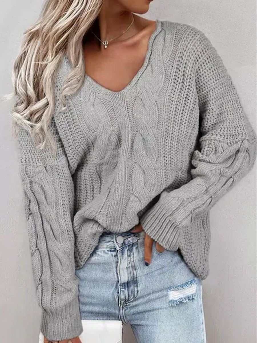 Casual Solid Color V Neck Long Sleeves Sweater