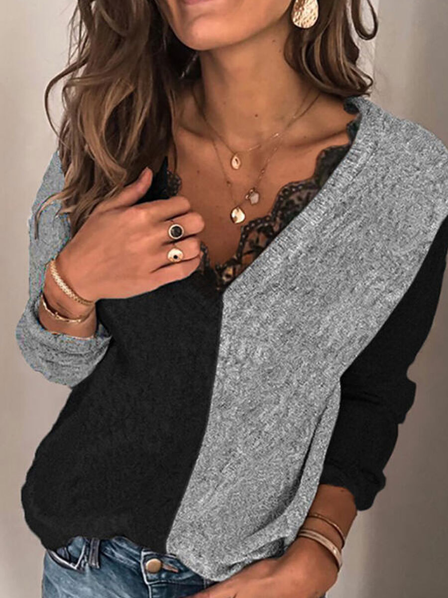 V-neck Lace Stitching Casual Sweater Pullover