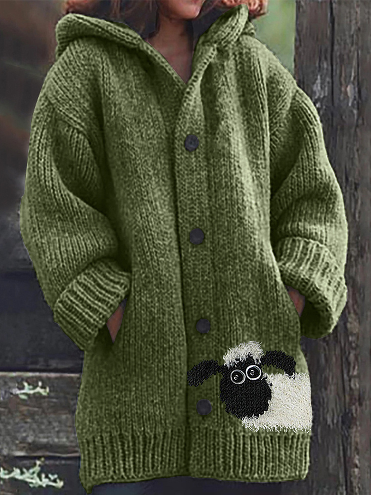 Fuzzy Sheep Peeking Knit Cozy Hooded Cardigan - ChicVogue