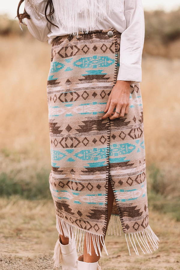 Beautiful Turquoise Aztec Patterned Fringed Skirt