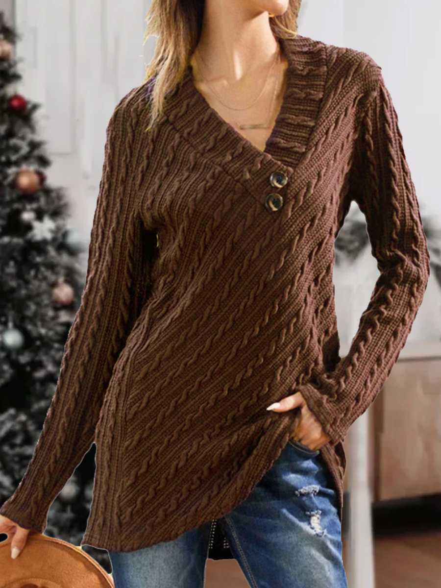 Casual Solid Button V-Neck Long Sleeve Pullover Sweater