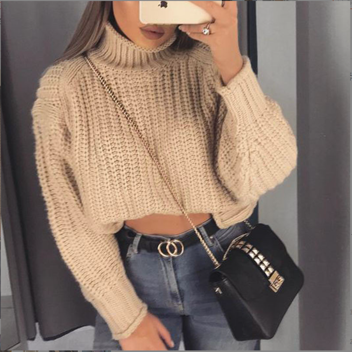 Fashionable and versatile turtleneck long-sleeved solid color pullover knitted sweater for women