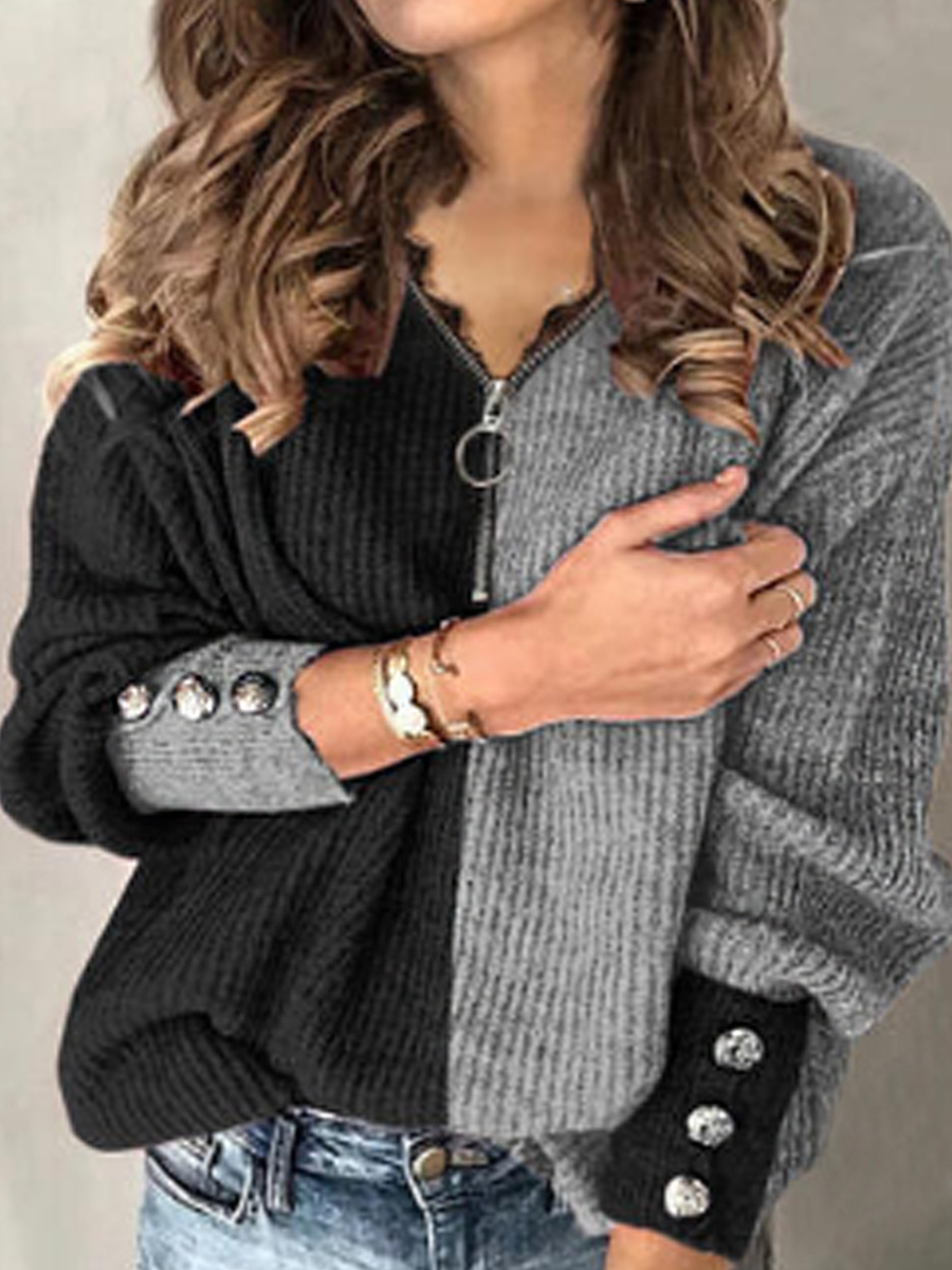 Casual Color Matching V Neck Long Sleeves Sweater